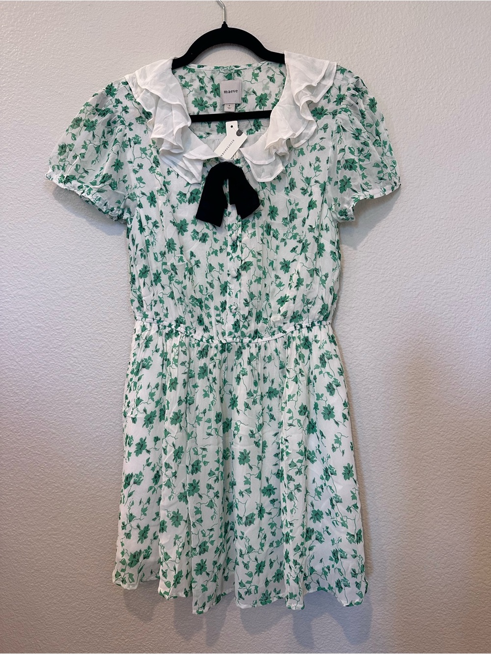 Maeve Anthropologie Green Floral Ruffle Collar Mini Dress Cottagecore S NWT